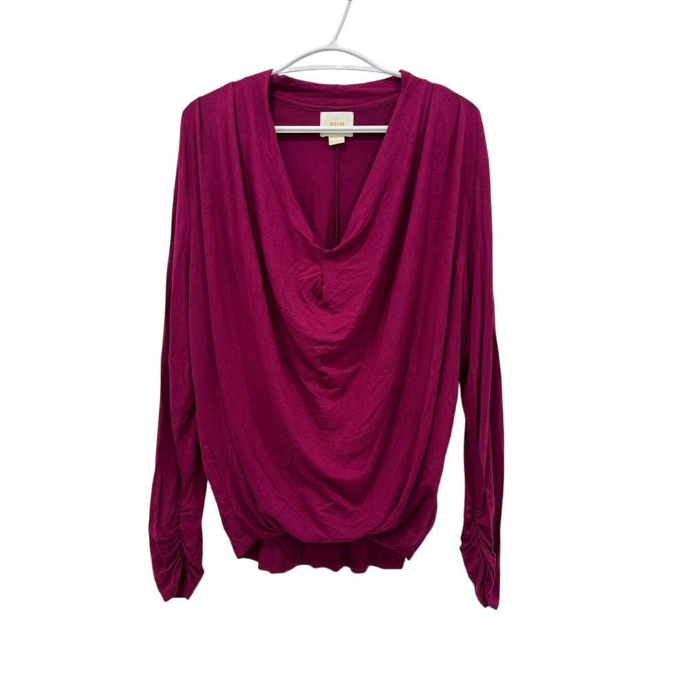 Maeve by Anthropologie Magenta Cowl Neck Ruched Sleeve Knit Top Size L